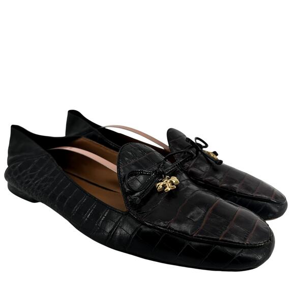Tory Burch Charm Loafers Leather Collapsible Back Matte Croc Emboss Black 10 - Picture 2 of 8